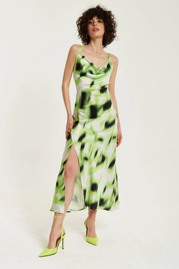 Green And Black Abstract Print Cowl Neck Midi Liquorish